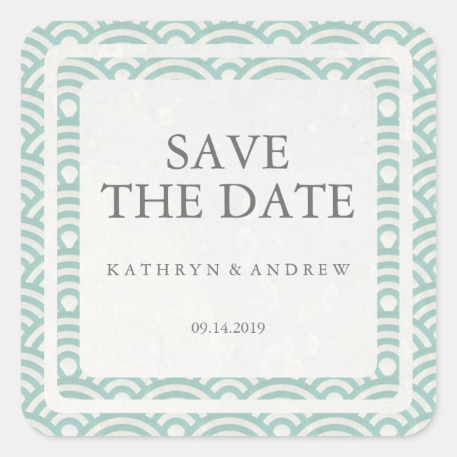 Japanese Seigaiha Wedding Save the Date or Custom Square Sticker (Front)