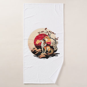 Japanese Shiba Inu Dog Sunset Ukiyo e Style Bath Towel