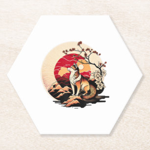 Japanese Shiba Inu Dog Sunset Ukiyo e Style Paper Coaster