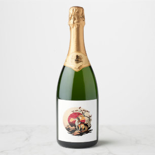 Japanese Shiba Inu Dog Sunset Ukiyo e Style Sparkling Wine Label