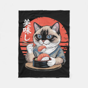Japanese Siamese Cat Eating Sushi Kawaii Anime Cat Fleece Blanket