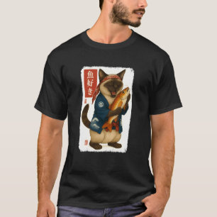Japanese Siamese Cat Kanji Fish Japan Animal Lover T-Shirt