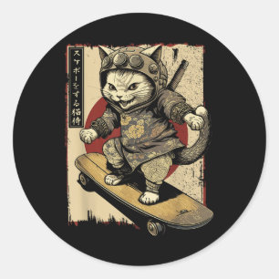 Japanese Skateboard Samurai Cat Tattoo Kawaii Ninj Classic Round Sticker