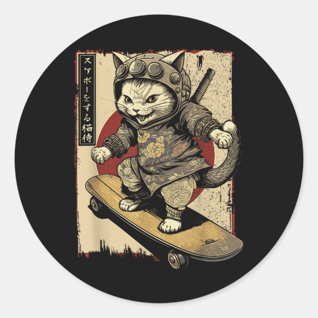 Japanese Skateboard Samurai Cat Tattoo Kawaii Ninj Classic Round Sticker (Front)