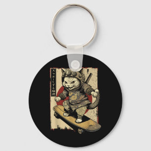 Japanese Skateboard Samurai Cat Tattoo Kawaii Ninj Key Ring
