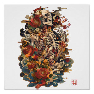 Japanese Skeleton Art Gothic Floral Skull Poster