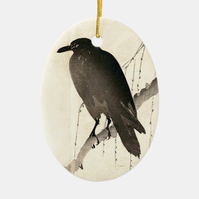 Japanese sketch of a raven ceramic tree decoration (Front)