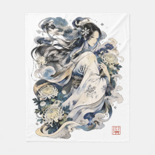 Japanese Snow Woman Art   Winter Yokai In Kimono Fleece Blanket