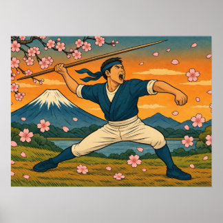 Japanese Spear Warrior Mount Fuji Poster