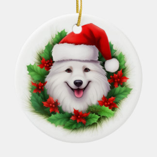Japanese Spitz Christmas Wreath Ceramic Tree Decoration