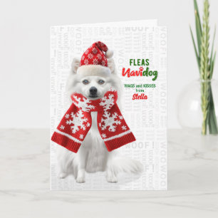 Japanese Spitz Dog Funny Fleas Navidog with Name Holiday Card
