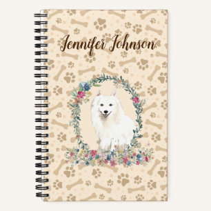 Japanese Spitz Dog Paw Print & Floral Cute Notebook