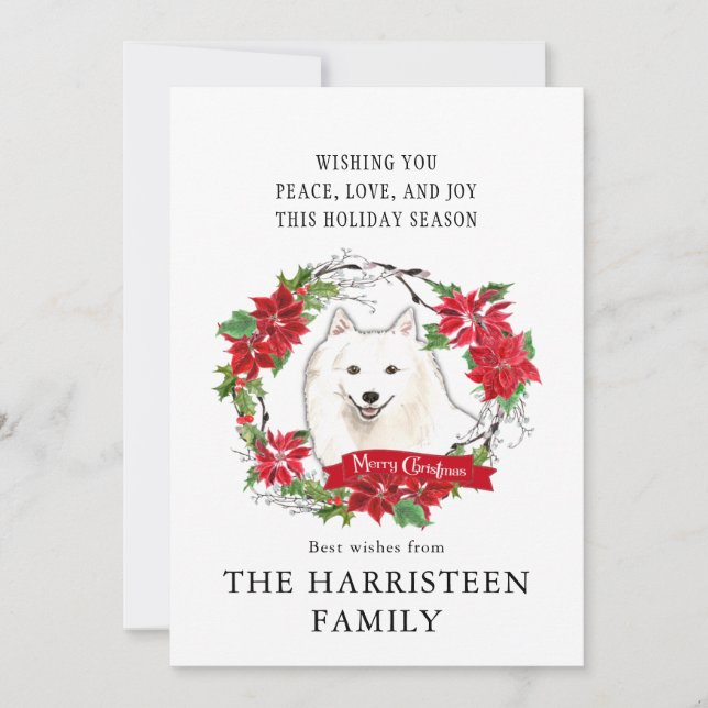 Japanese Spitz Watercolor Poinsettia Christmas Holiday Card (Front)
