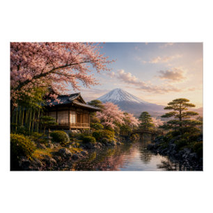 Japanese Spring Garden with Mount Fuji Poster