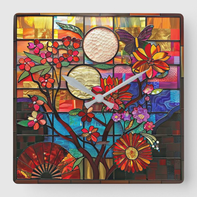 Japanese Stained Glass Art Wall Clock (Front)