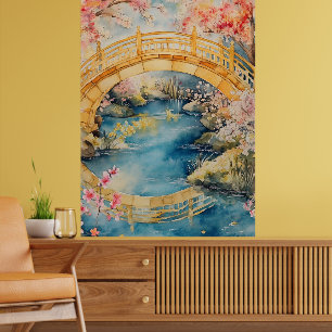 Japanese-style arched bridge spans a tranquil rive poster