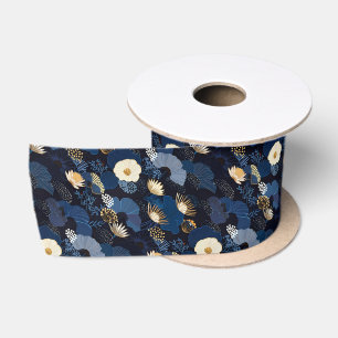 Japanese Style Elegant Dark Blue Flower Floral Satin Ribbon