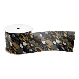 Japanese Style Elegant Gold & Black Flower Floral Satin Ribbon