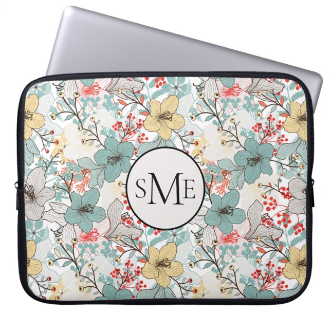 Japanese Style Floral Pattern Monogram Laptop Sleeve (Front)
