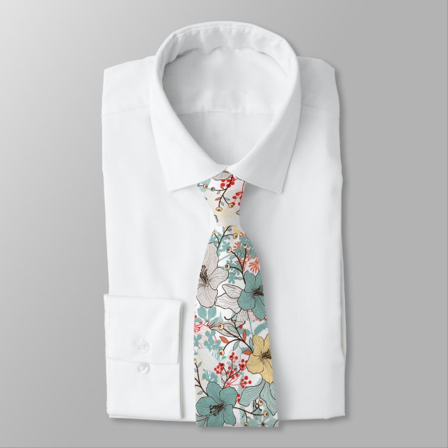 Japanese Style Floral Pattern Tie (Tied)