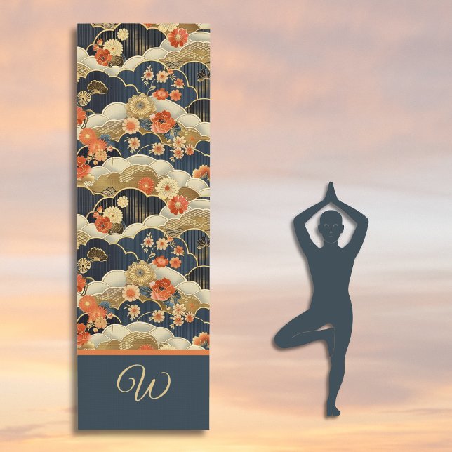 Japanese Style Retro Teal Floral and Clouds Print Yoga Mat (Creator Uploaded)