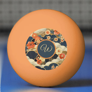 Japanese Style Retro Teal Floral n Clouds Initial Ping Pong Ball