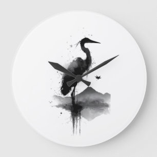 Japanese Sumi-e Crane Zen Art Wall Clock