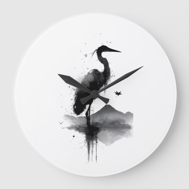 Japanese Sumi-e Crane Zen Art Wall Clock (Front)