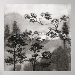 Japanese Sumi-e Foggy Pine Tree Ink Hand-painted Poster