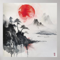 Japanese Sumi-e Watercolor Print -