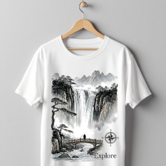 Japanese Sumi-e Waterfall Zen Explore Landscape T-Shirt