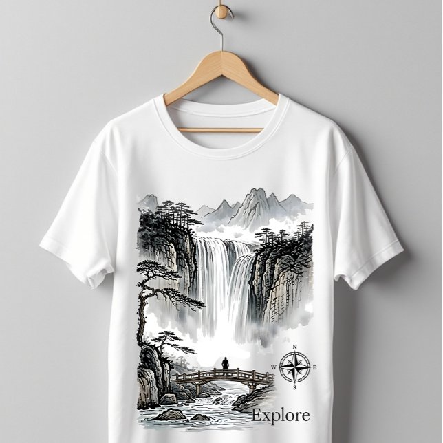 Japanese Sumi-e Waterfall Zen Explore Landscape T-Shirt (Creator Uploaded)