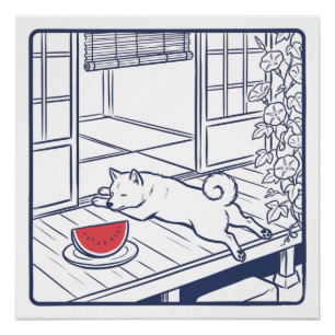Japanese Summer Shiba Inu Watermelon Poster