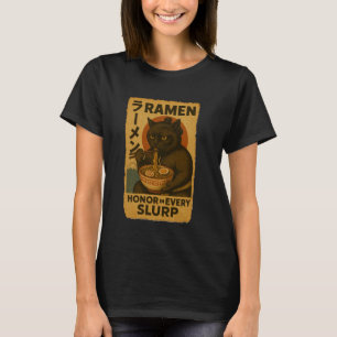 Japanese Sumo Black Cat Eating Ramen Noodles Retro T-Shirt