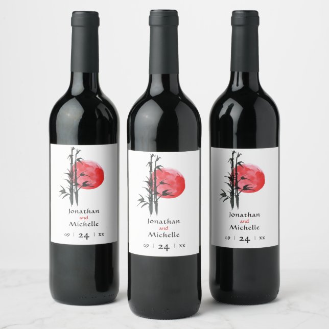 Japanese Sun and Bamboo Wedding Wine Label (Bottles)