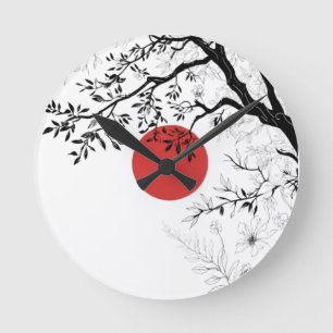 Japanese Sun & Nature Brush Art Round Clock