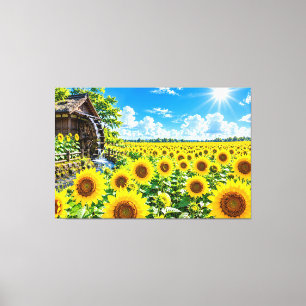 Japanese Sunflower Fields – Traditional Waterwheel Canvas Print