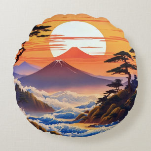 Japanese Sunrise Sunset Landscape Round Cushion