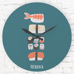 Japanese Sushi Custom Name Round Clock<br><div class="desc">Cute and delicious sushi food art on a deep green background.
Customise by changing or removing the name.</div>