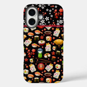 Japanese sushi fish dish pattern on black iPhone 16 case