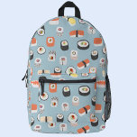 Japanese Sushi Printed Backpack<br><div class="desc">Japanese food art pattern with sushi,  nigiri and maki rolls on a duck egg blue background. Perfect for foodies,  chefs and gourmets.  Original art by Nic Squirrell.</div>