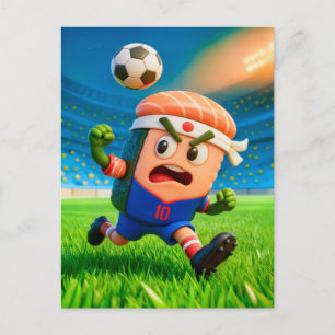 Japanese sushi roll soccer player in stadium postcard