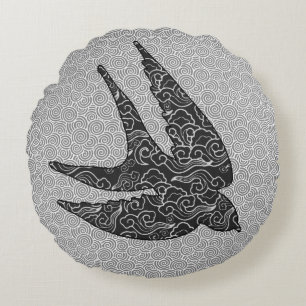 Japanese Swallow in Flight, Charcoal & Light Grey Round Cushion