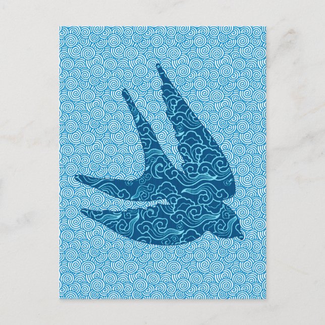 Japanese Swallow in Flight, Cobalt and Pale Blue Postcard (Front)