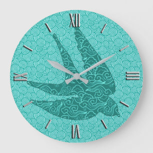 Japanese Swallow in Flight, Turquoise and Aqua Large Clock