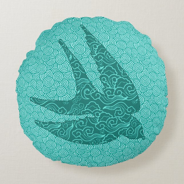 Japanese Swallow in Flight, Turquoise and Aqua Round Cushion (Front)