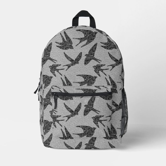 Japanese Swallows in Flight, Black and Light Grey Printed Backpack (Front)