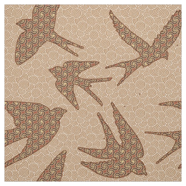 Japanese Swallows in Flight, Brown and Beige Fabric (Swatch)