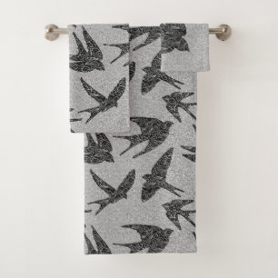Japanese Swallows in Flight, Charcoal & Light Grey Bath Towel Set