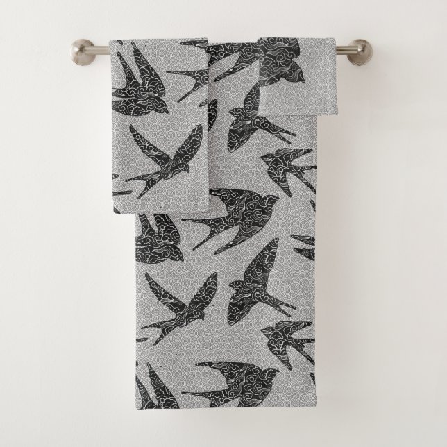 Japanese Swallows in Flight, Charcoal & Light Grey Bath Towel Set (Insitu)